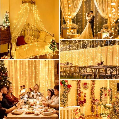 btfarm 3M x 3M Curtain Fairy Lights, 300 LED Remote Control Hanging String Lights USB Powered, 8 Modes Timer Dimmable Waterfall Window Lights for Indoor Wedding Party Garden Bedroom Decor, Warm White - Cosy Home Interiors btfarm 3M x 3M Curtain Fairy Lights, 300 LED Remote Control Hanging String Lights USB Powered, 8 Modes Timer Dimmable Waterfall Window Lights for Indoor Wedding Party Garden Bedroom Decor, Warm White - Image 6
