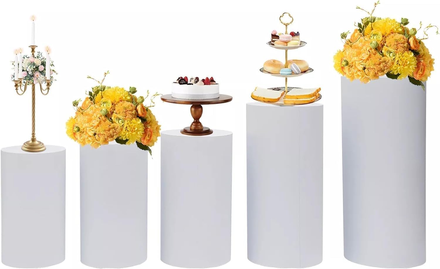 5 Pcs White Cylinder Pedestal Stands Metal Cylinder Pedestal Display Stand Dessert Table Display Pillars Round Pedestals Stand for Wedding Baby Shower Birthday Event Decor
