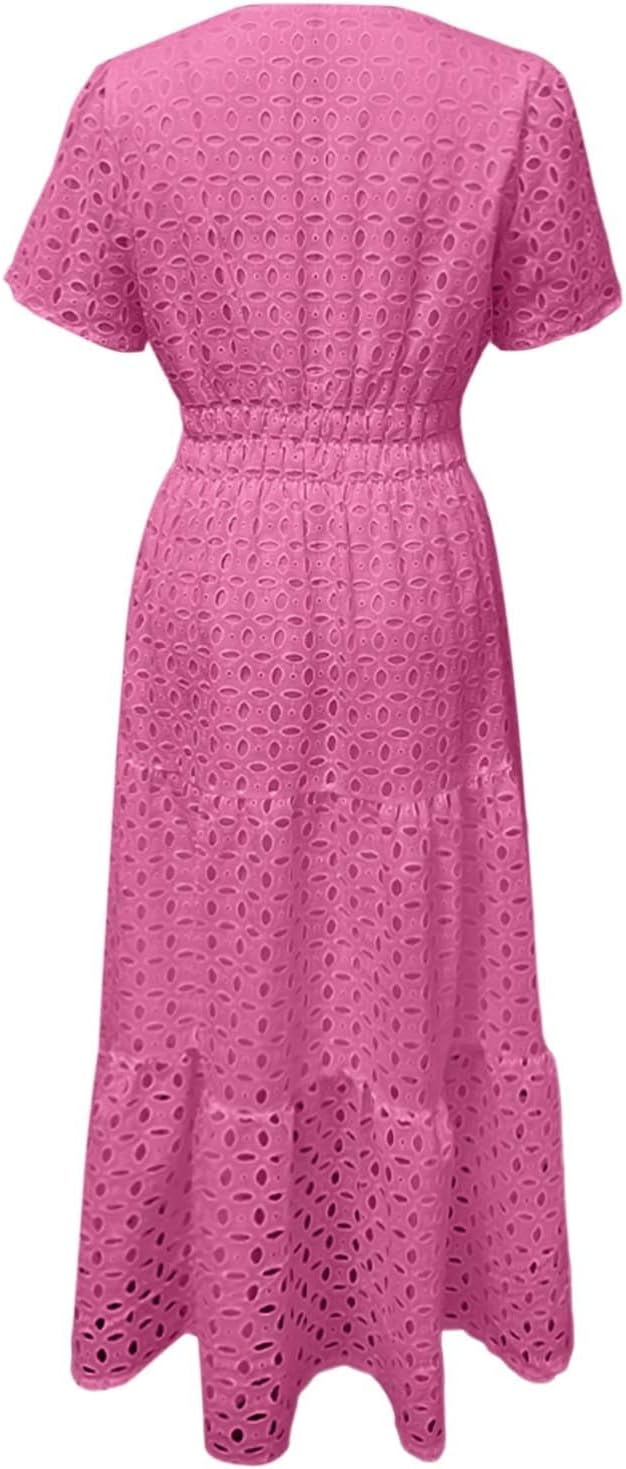 レディース 2025 夏 半袖 マキシドレス カジュアル Vネック 中空 アイレット フリル スイング Aライン ロングドレス