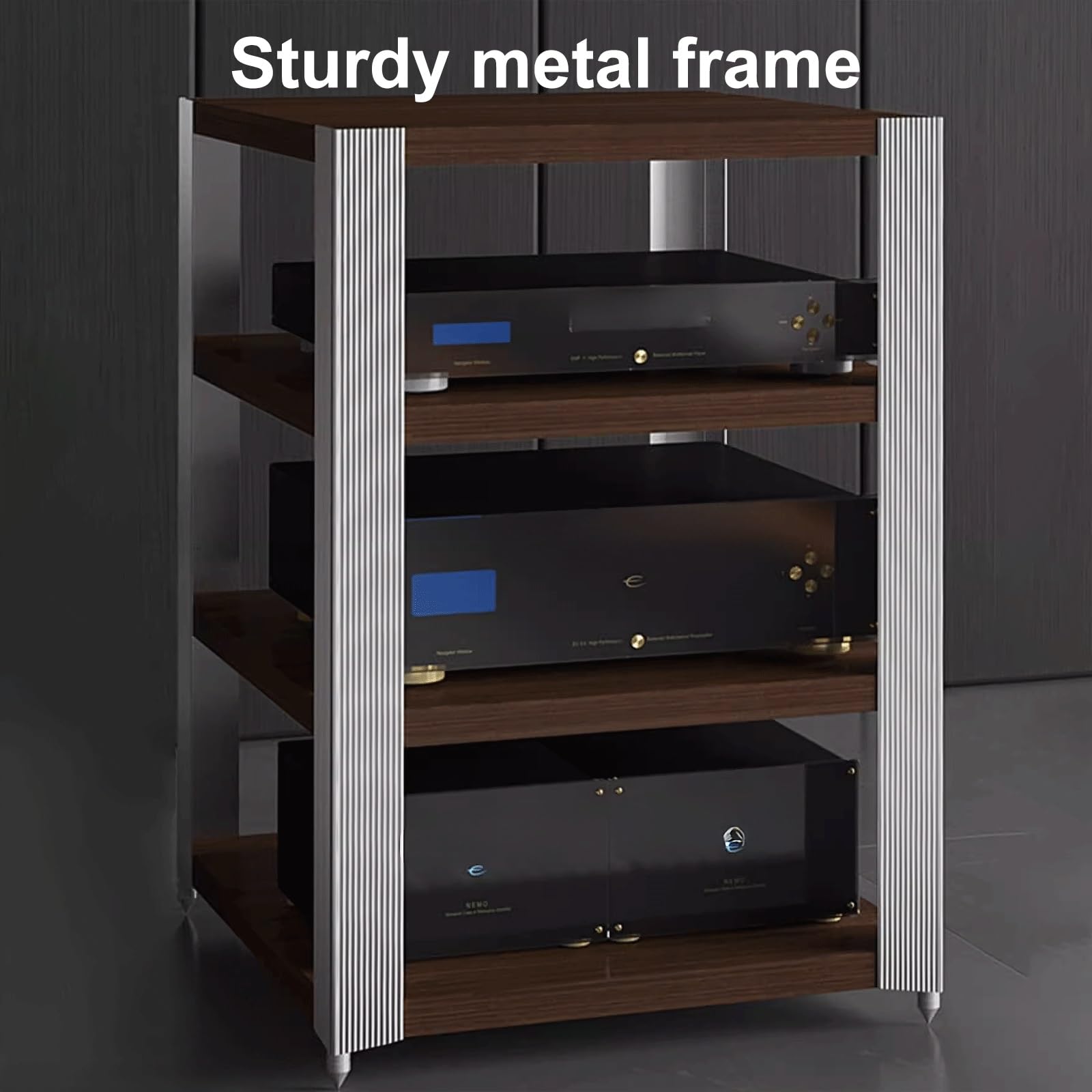 Moderno supporto AV in lega di alluminio a torre con mensola a 4 strati, design ammortizzante in marrone e argento, perfetto per home theater e apparecchiature audio