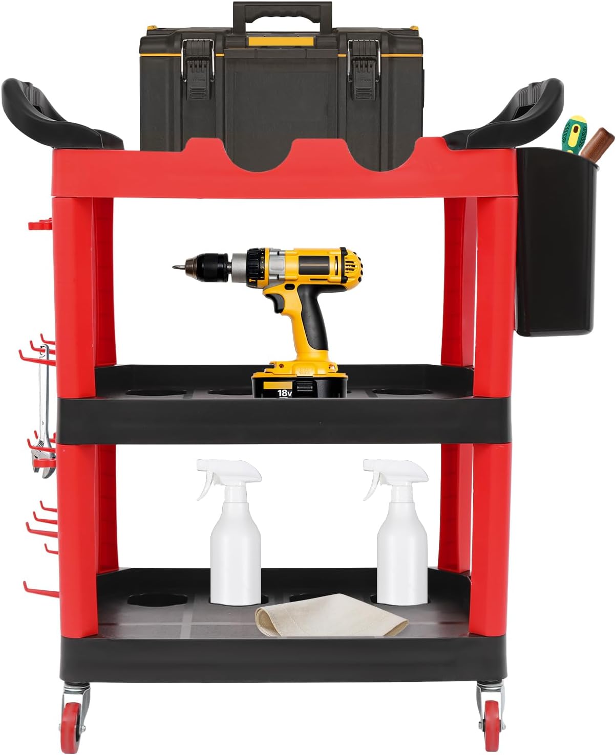 300 Lbs Auto Detailing Cart with Wheels, 3 Tier Rolling Detail Cart with Long Hanging Plate & Hooks & Hanging Bucket, Car Wash Organizer Cart for Detailers Garage, Workshop, Repair Shop, Storage Tool