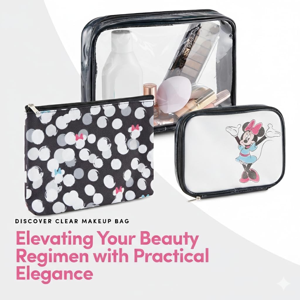Disney Mickey Mouse Cosmetic Case Set - Officially Licensed Mickey and Minnie Mouse Travel Cosmetic Case 3 Piece Set - Girls, Boys, Teens, Adults (Black Minnie)