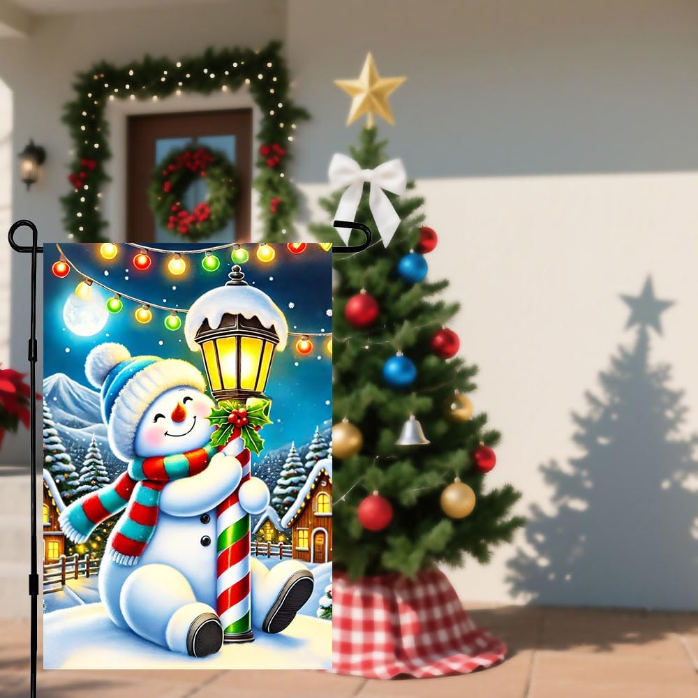 Sitting Snowman Garden Flag 12x18 Inch Christmas Yard Flag with Candy Cane Lamp Post and Holiday Lights Double Sided Winter Outdoor Decoration for Lawn Garden - Image 2