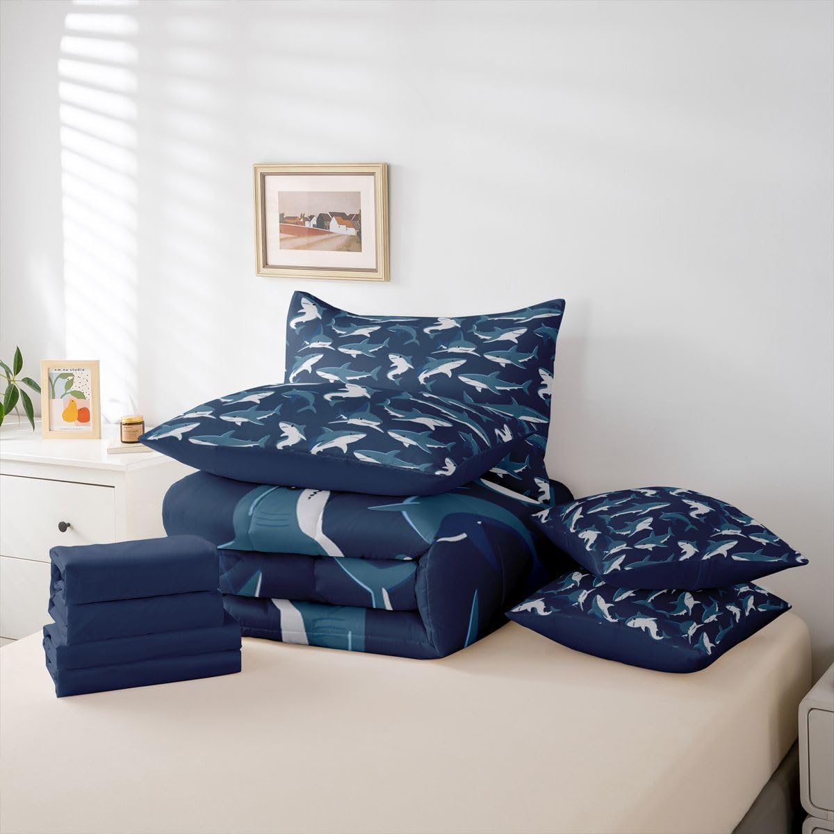 Feelyou Shark Queen Comforter Set with Sheets for Kids Boys Girls Ocean Sea Shark Lover Gifts 7 Pieces Bedding Set Underwater Animal Bed in a Bag Ocean Blue Room Decor Nautical Marine Soft Microfiber