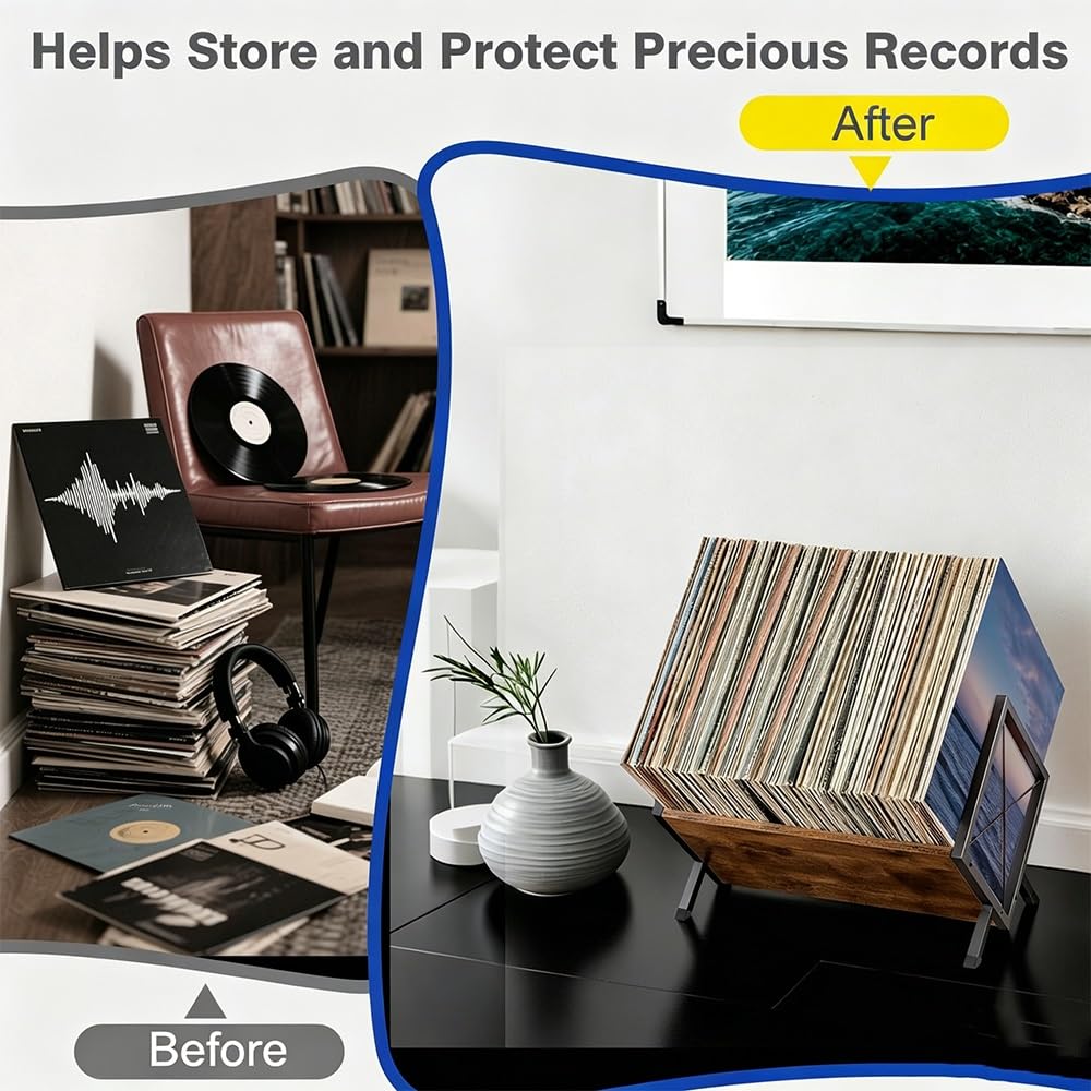 Scaffale per dischi in vinile, Portadischi da 80 LP, Scaffale per dischi in legno, Espositore per vinili a 1 livello con divisore regolabile, Organizzatore per album, riviste, libri, file