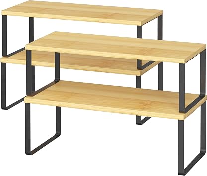 LIANTRAL Kitchen Cabinet Organiser, Counter Shelf Organizer, Set of 4 | Stackable & Expandable, Bamboo & Metal, Space Saving Storage Shelves for Cupboard, Countertop, Pantry, Natural/Black
