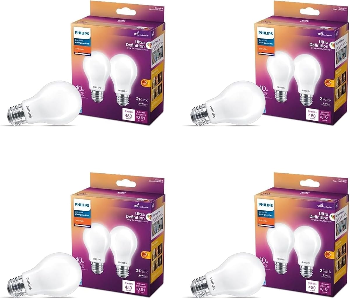Ultra Definition LED A19 Bulbs, 8W 2700 K, 8-Pack | 800 Lumen, Dimmable, Frosted Flicker-Free, CRI 95 True Colors, Up to 15000 Hour Lifespan, Dims to Warm Glow