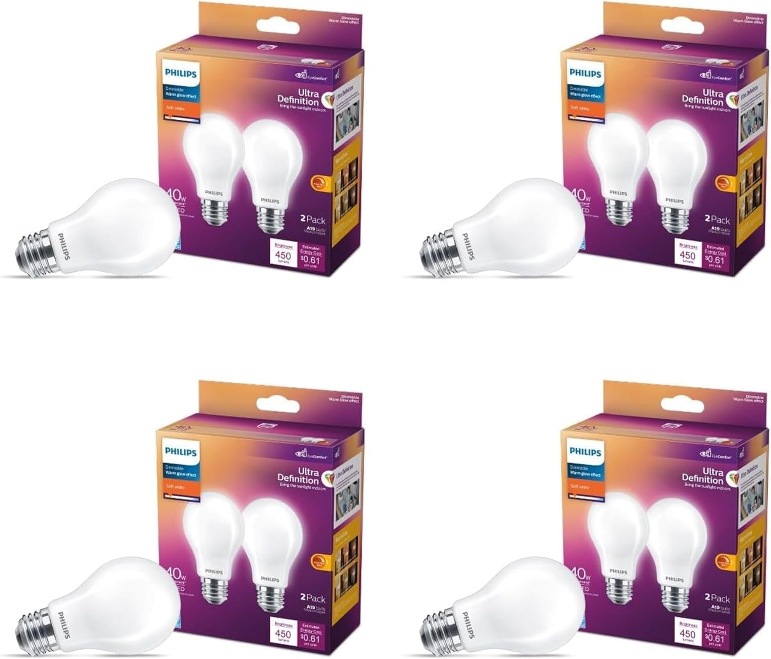 LED 60W A19 8-Pack Ultra Definition (2700K) 800 Lumen (8W = 60W) Dimmable Frosted Flicker-Free Light Bulbs