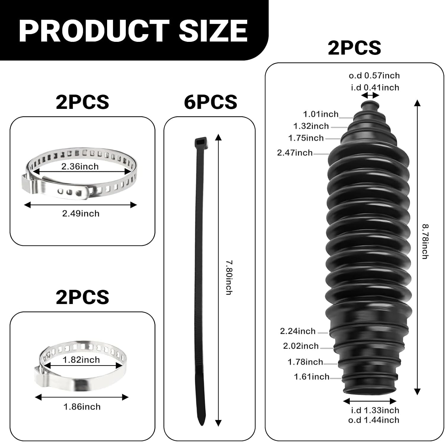 2 PCS Steering Rack Boot Kit, Silicone Inner Tie Rod Boot Kit with Pinion Bellow Cable Ties and Clamps, for Steering System Protection, Universal Car Accessories (Black)
