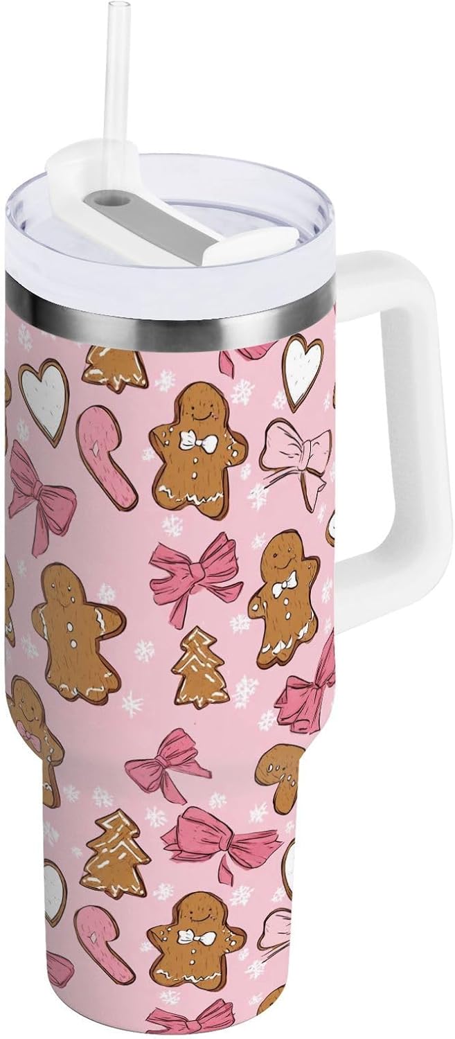 Boccsty Christmas Gingerbread Insulated Tumblers Pink Bow Snowflake Hearts SnReusable Stainless Steel Tumbler 40 oz Cup Coffee Travel Mug Water Bottle with Handle & Flip Straw for Home Office Car