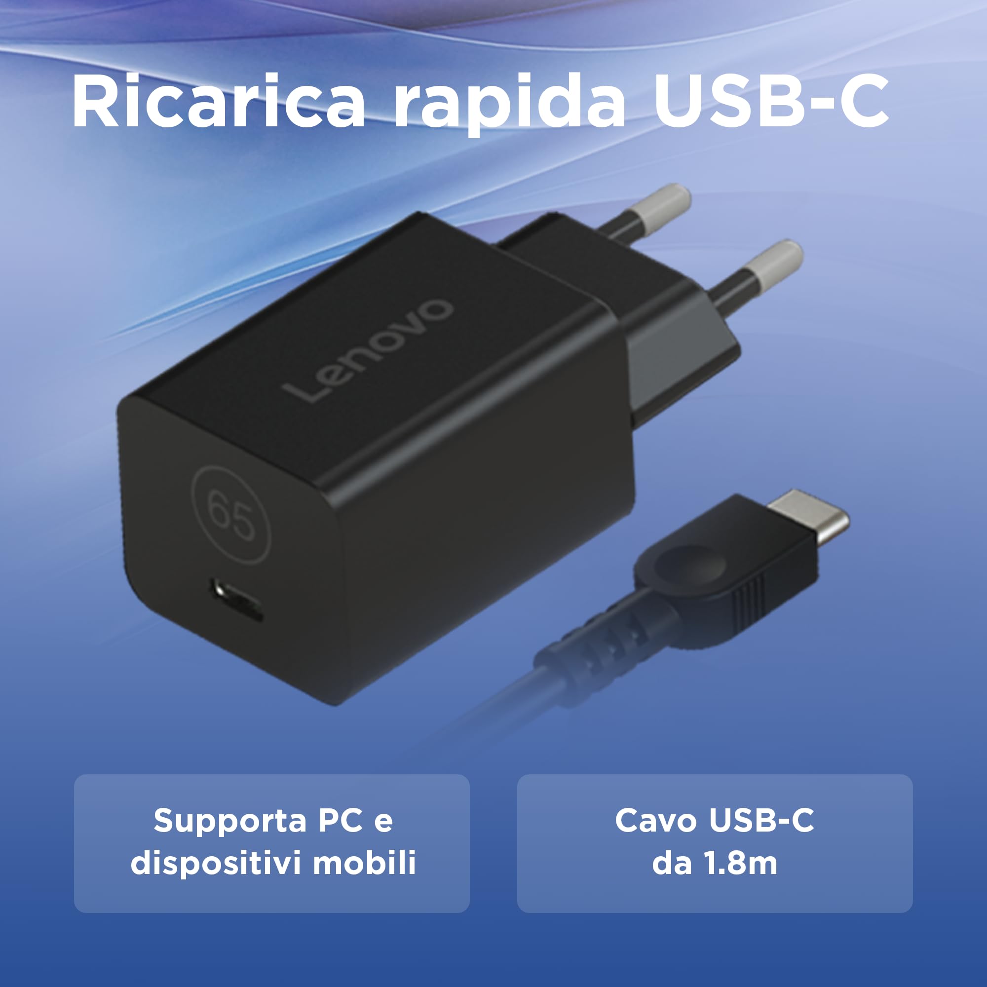 Lenovo GaN Nano 65W Adapter EU, caricatore USB-C da 65W con tecnologia GaN, cavo 1,8 m e volume 49 cc, per notebook e mobilità