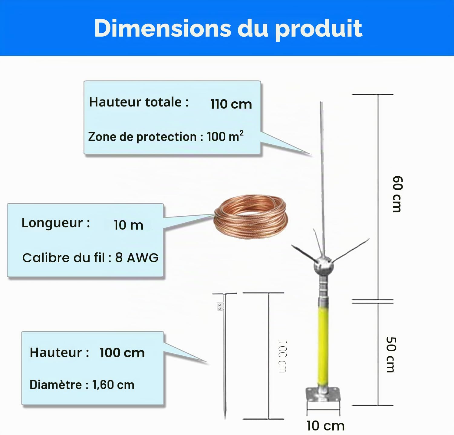 Paratonnerre, Kit de Paratonnerre isolé Paratonnerre de Toit équipement de Protection Contre la Foudre Amovible système de Protection Contre la Foudre à Domicile