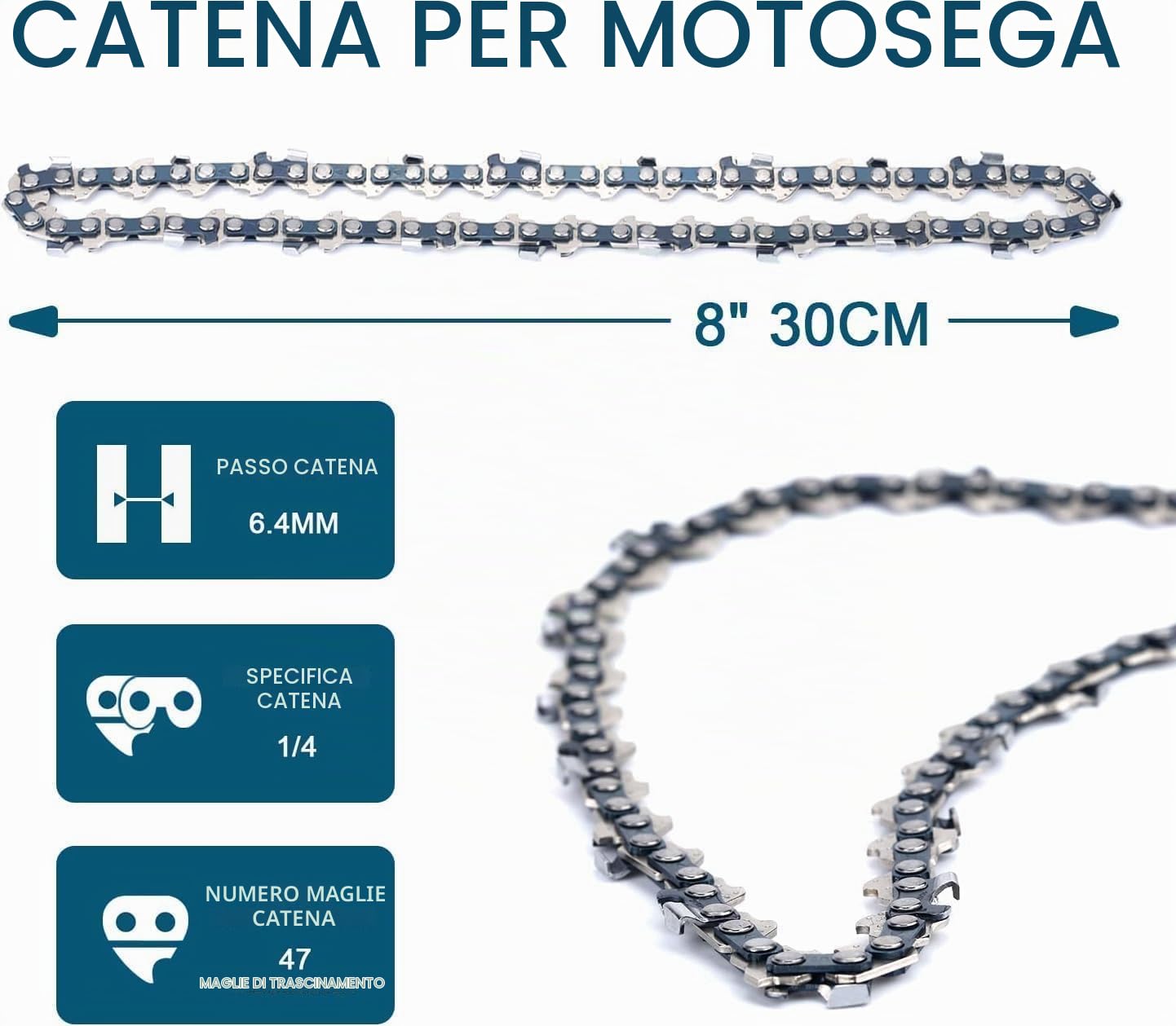Catena per Motosega, 47 Maglie di Trasmissione per Guida-Catena da 20,32 cm (8 Pollici), catena di Ricambio ad Alta Durabilità per Motosege Senza Fili - 1 Pezzo