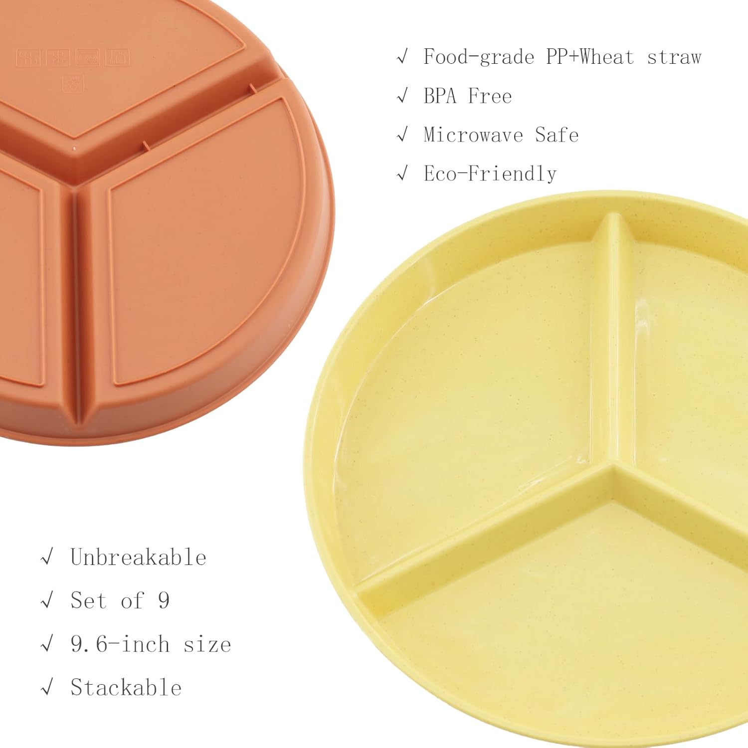 9.6-Inch Large Multicolor Wheat Straw Divided Plates – 9PCs Unbreakable 3-Compartment Plates for Portion Control & Healthy Eating Microwave & Dishwasher Safe – Eco-Friendly & Reusable - Image 3