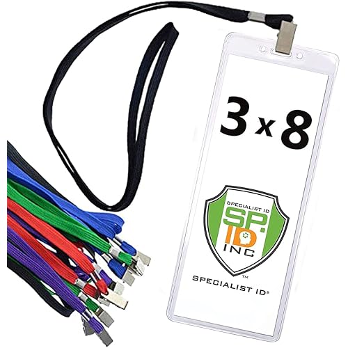 10 Pack - Heavy Duty 3X8 Ticket Badge Holder with Lanyard - Clear Plastic Extra Large Top Load Card Sleeve Protector for Concert, Season Tickets, Sporting Event Pass by Specialist ID (Assorted Colors)