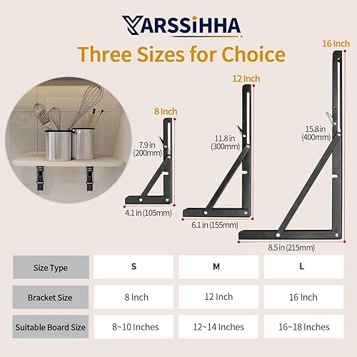Miniatura 7 de Yarssihha Soporte plegable de estante de 16 pulgadas, paquete de 4 soportes plegables resistentes montados en la pared, soportes plegables de metal