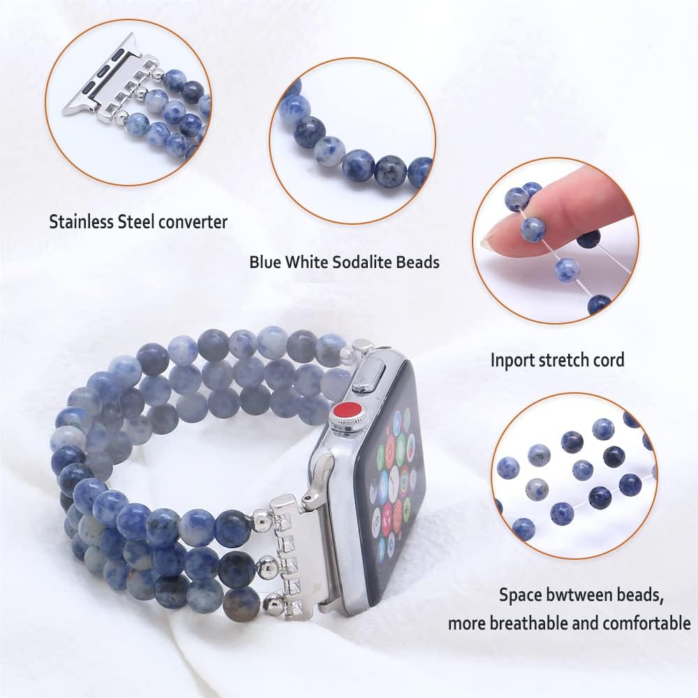 Natural Stone Beaded Bracelet Compatible with Apple Watch Band Series 9, 10, Ultra 2, SE, Ultra 8 7 6 5 4 3 2 1, Elastic Stretchy Watch Strap for iWatch Band 38mm 40mm 41mm 42mm 44mm 45mm 49mm Women - Image 4