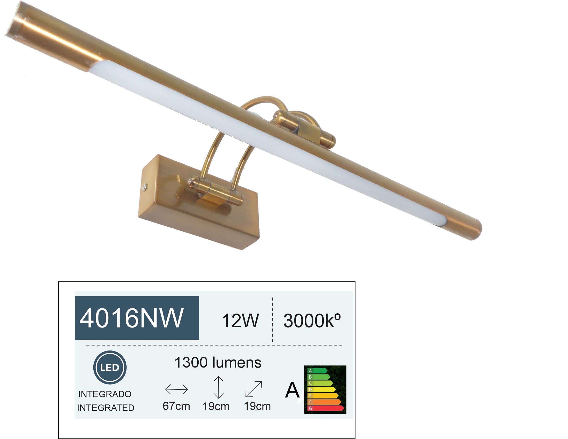 Aplique LED de pared para iluminar cuadros, espejos, murales, etc, led 15W estilo tradicional y elegante,tono de luz cálida 3000K, Laton envejecido, totalmente articulado y giratorio. 65cm