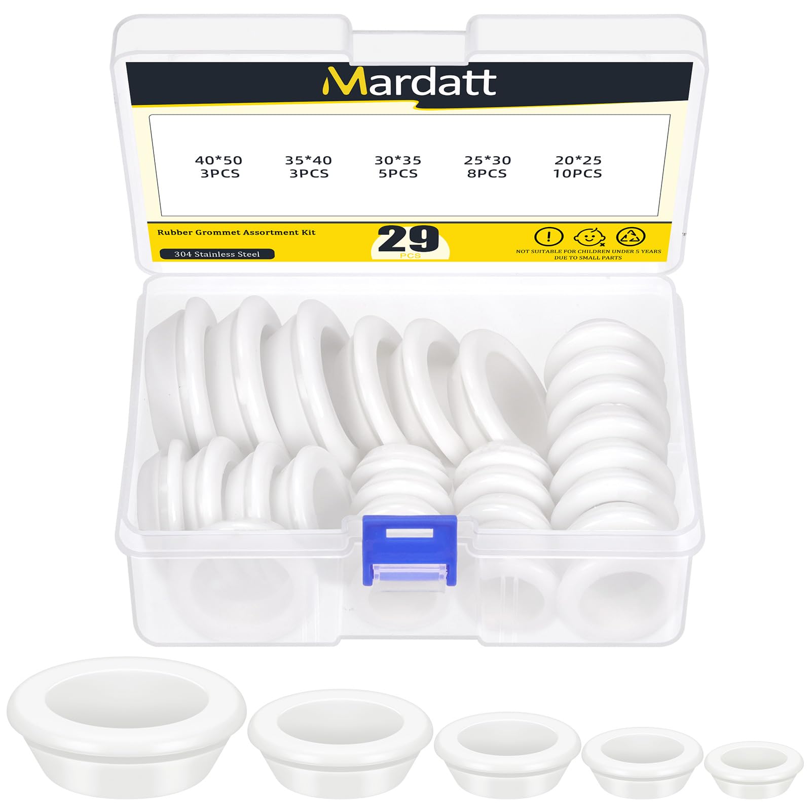 Mardatt 29Pcs White Rubber Grommets Kit, 5 Sizes Firewall Solid Closed Hole Plug Wire Protection Grommets for Wiring, Fit 13/16”, 1”, 1-3/16”, 1-3/8”, 1-19/32” Drill Hole