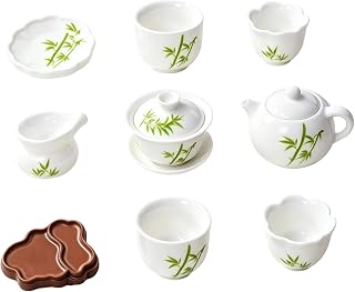7pcs Bamboo Mini Teapots Teacups Set White Tea Set Resin Figures Miniature Tea Cup Dollhouse Decoration Small Tea Party Favors for Home Decor Suitable for Various Room Types