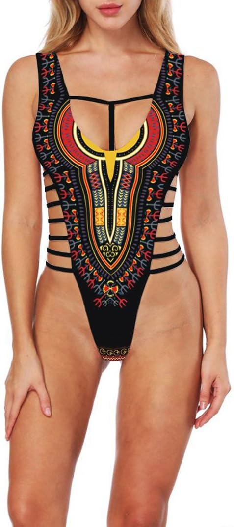 Women Sexy One Piece African Tribal Print Bikini High Cut Thong Monokini Cut Out Bandage Swimsuit Swimwear Beachwear Black M