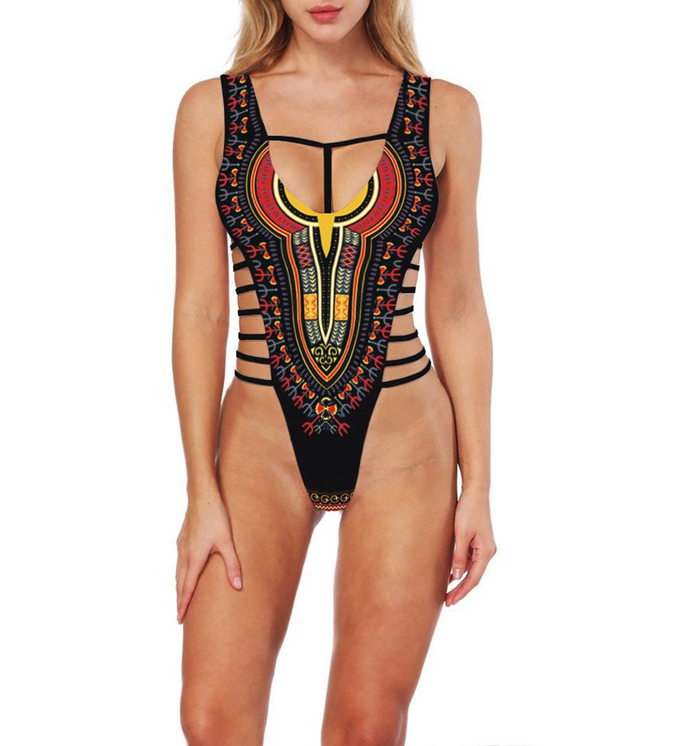 Women Sexy One Piece African Tribal Print Bikini High Cut Thong Monokini Cut Out Bandage Swimsuit Swimwear Beachwear Black M