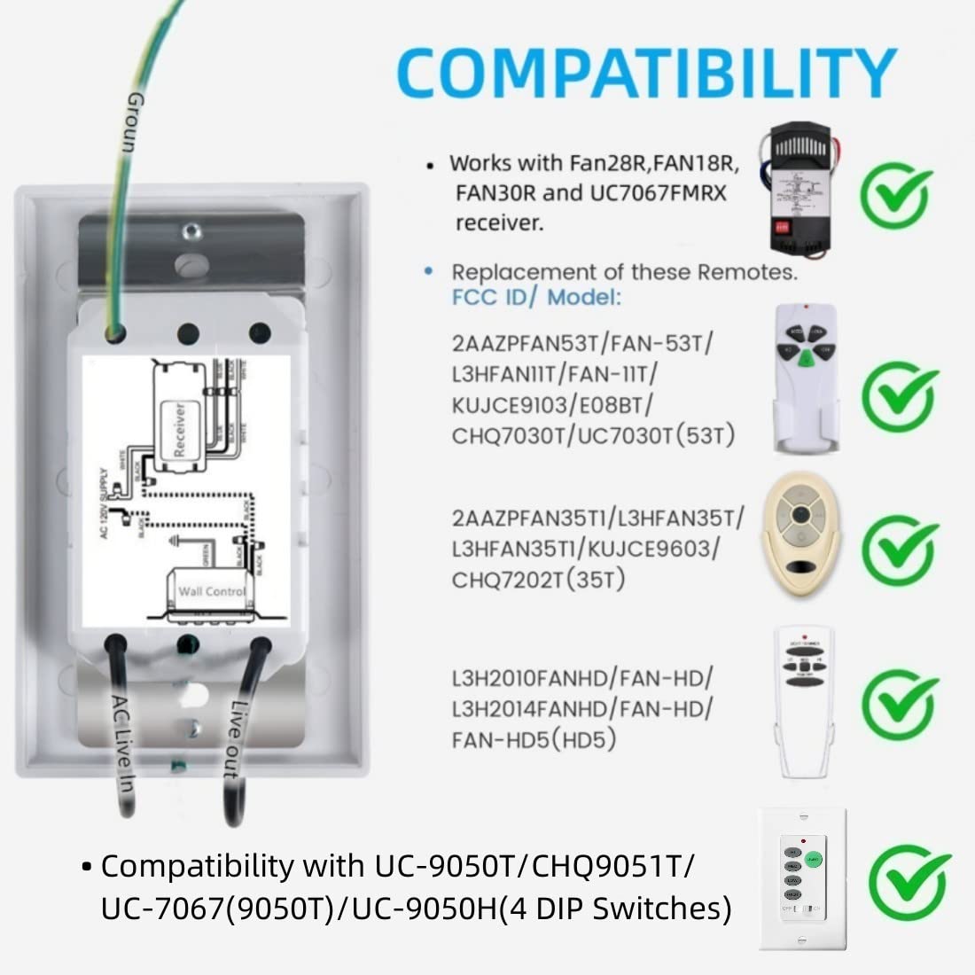 Compatibility chart showing various remote control models and FCC IDs that the Nexete BY06 is compatible with, including UC9050T, CHQ9051T, 53T, 35T, HD5.