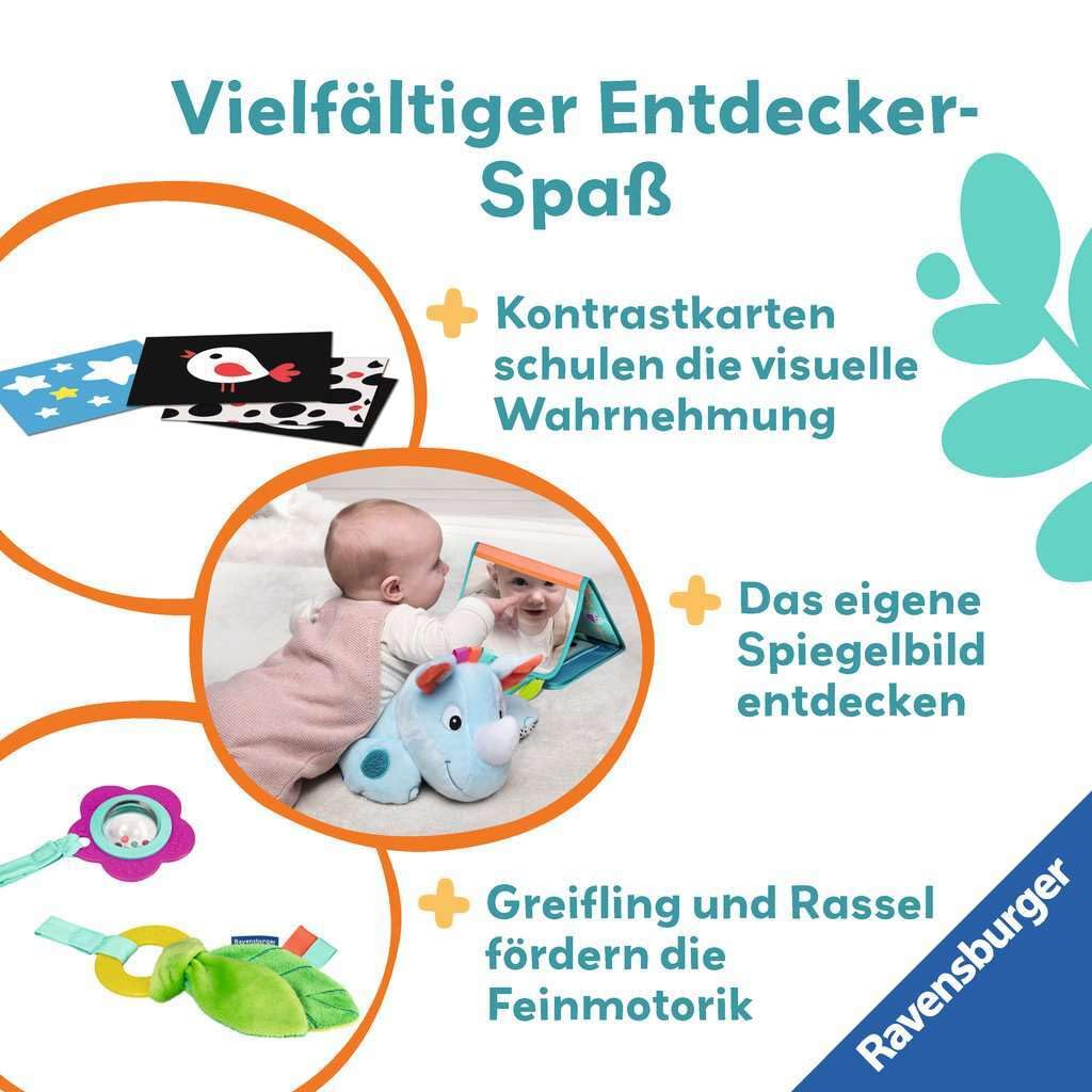 Ravensburger Coussin 4866 Play+ Rhino Play (pour la Position couchée), Ensemble de 4 pièces, Jouet Tummy Time, Animal en Peluche Qui entraîne la Position couchée, pour bébés à partir de 0 Mois