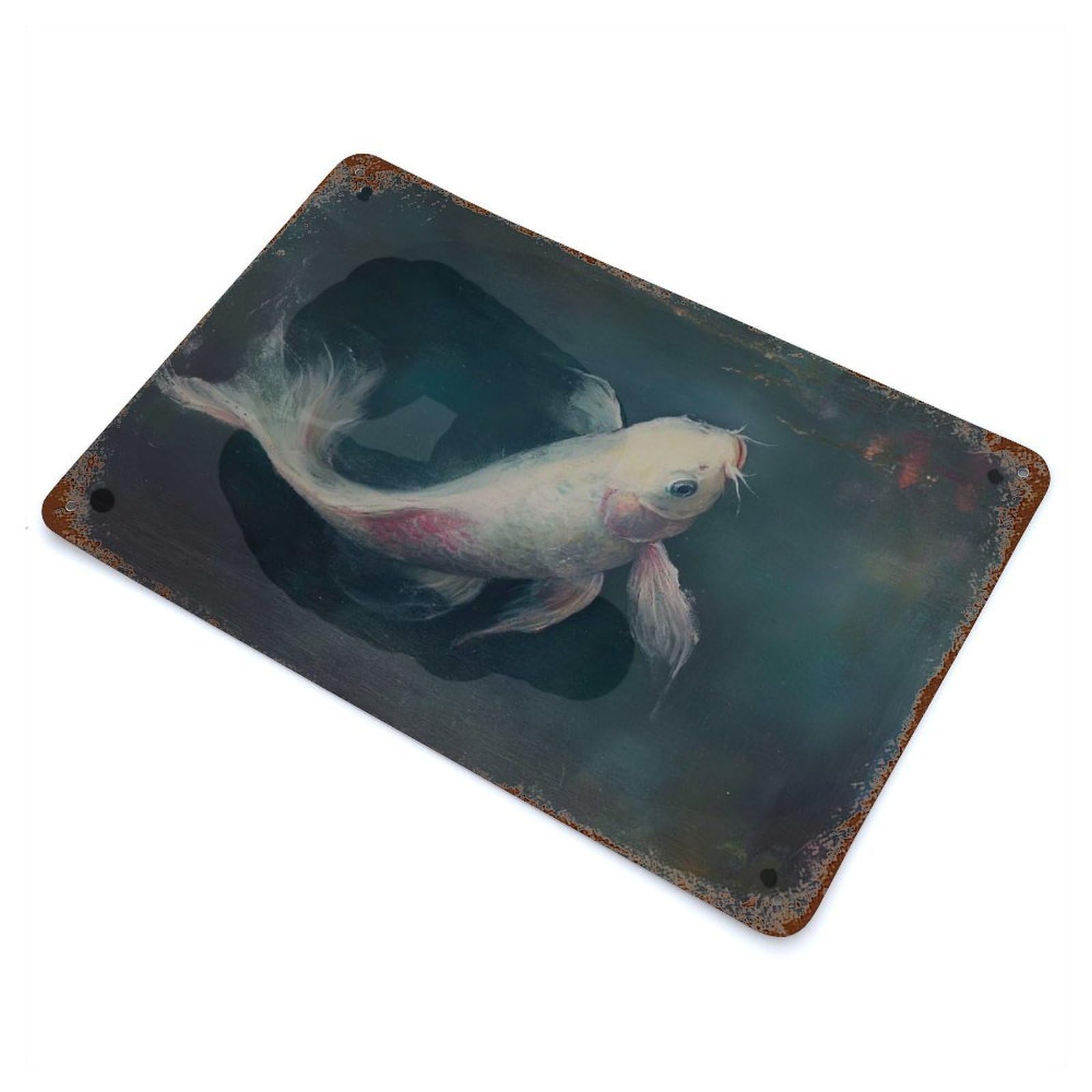 White Koi Fish Painting 11.8"x7.9" Vintage Rust Metal Sign, Shabby Chic Decor for Garage, Bar And Workshop Decor