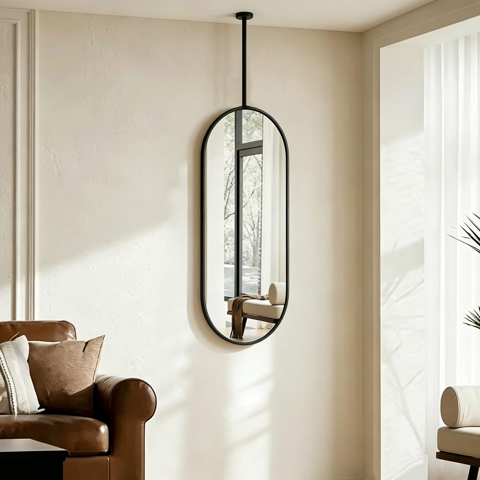 Hanging Oval Bathroom Mirror, Ceiling Mount Suspended Vanity Mirror