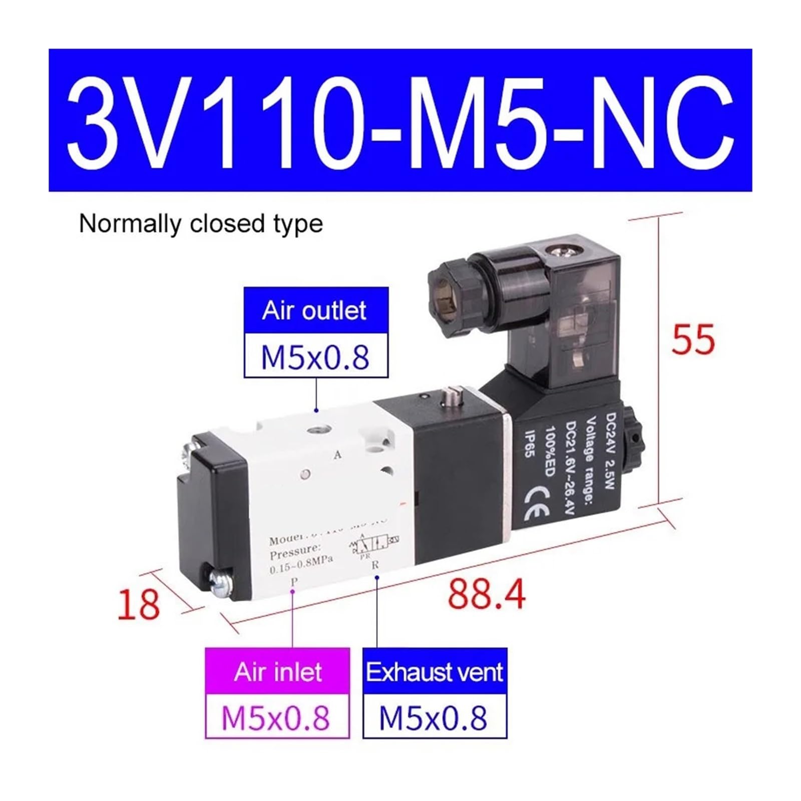 Electroválvula neumática de 3/2 vías 3V110-06, 3V210-08 y 3V310-10, válvula direccional de Control de Aire, 12, 24, 110 y 220 V(3V110-M5-NC,AC 24V)