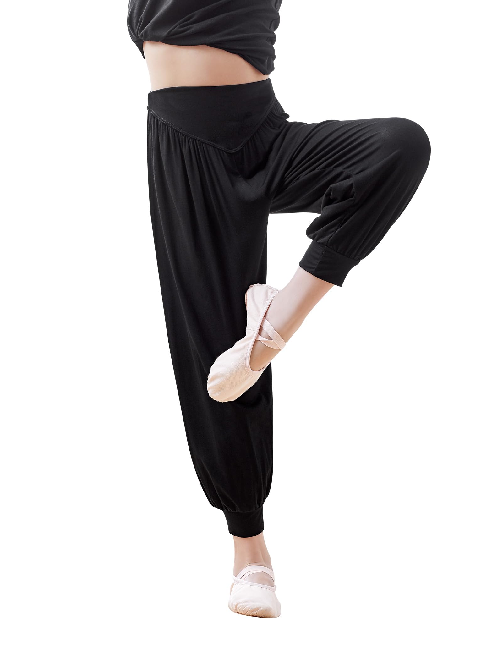 DanceDaily Girls Black Dance Trousers Elastic Waistband Ballet Pants Kids Breathable Sports Wear for Gymnastics, Running