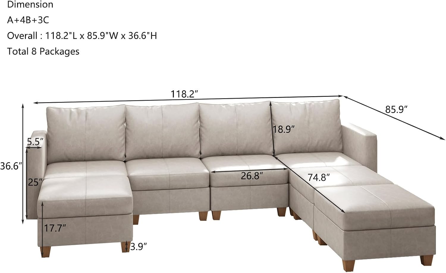 EASE MOOSE Modular Sofa U Shaped Couch with Storage Ottomans, Faux Leather Modular Sectional Sofa for Living Room, Whitesand Leather Sectional