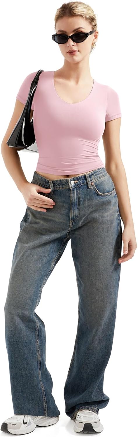SUUKSESS Women Double Lined Fitted Basic Tee Sexy V Neck Short Sleeve Y2K Crop Top - Image 6