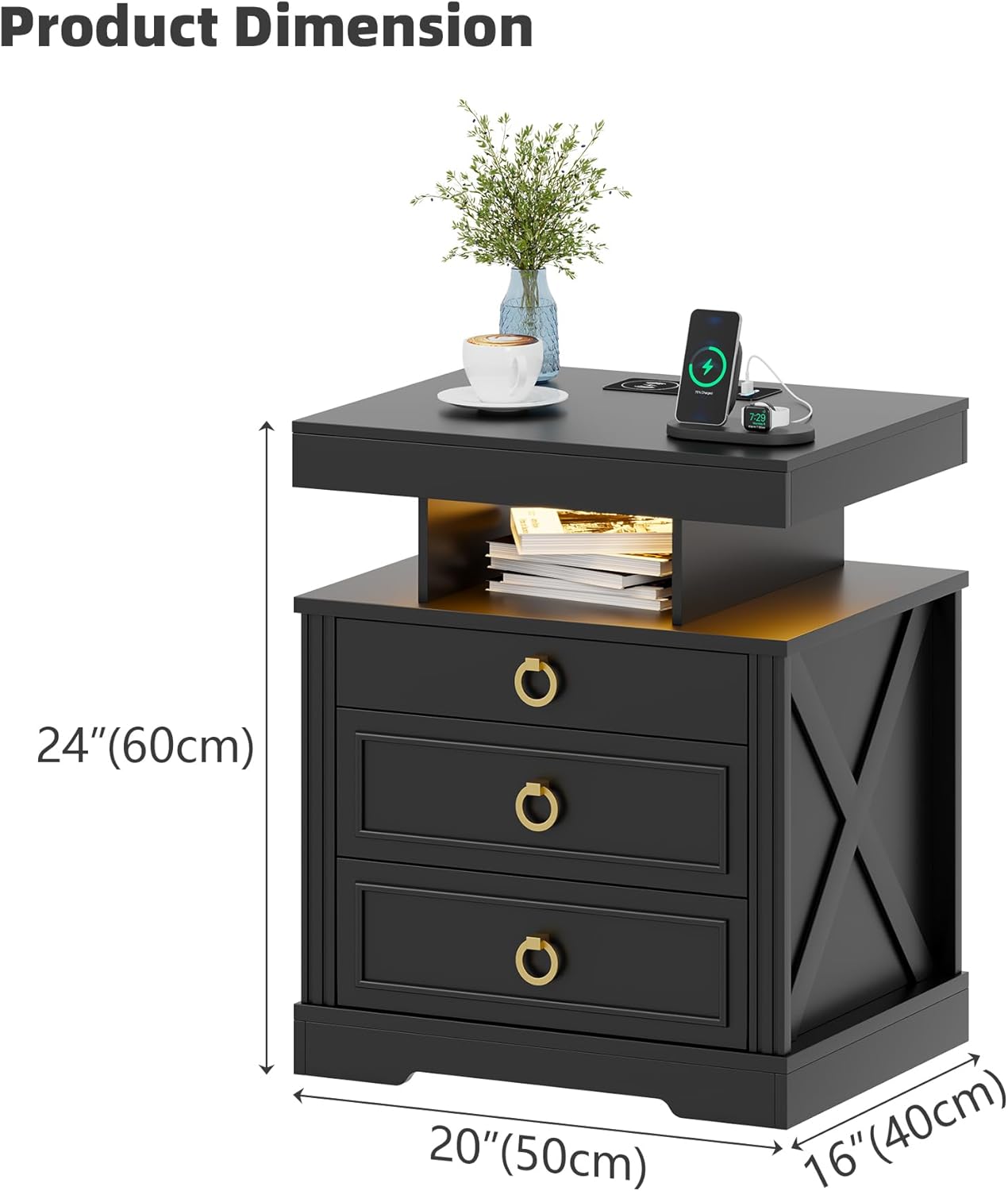 Nightstand with Gun Drawer,LED Bedside Table with Charging Station,Modern Night Stand with Human Sensor Design,Smart End Table for Bedroom Living Room,Black