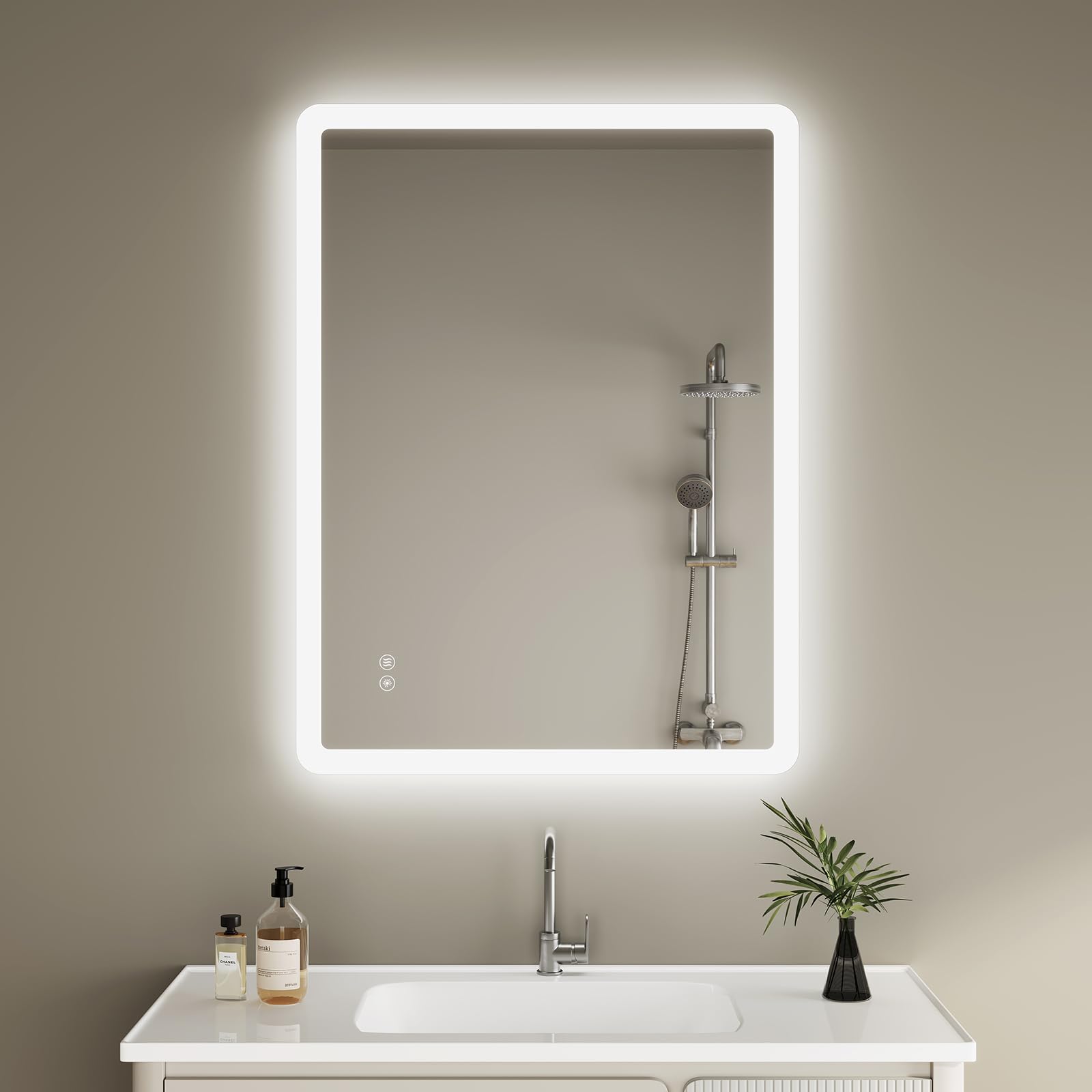IMPTS Bathroom Mirror with Lighting 50 x 60 cm LED Bathroom Mirror Dimmable 3 Light Colours 3000 K - 6500 K Bathroom Mirror with Light Anti-Fog Bathroom Light Mirror Wall Mirror with Touch Switch IP44