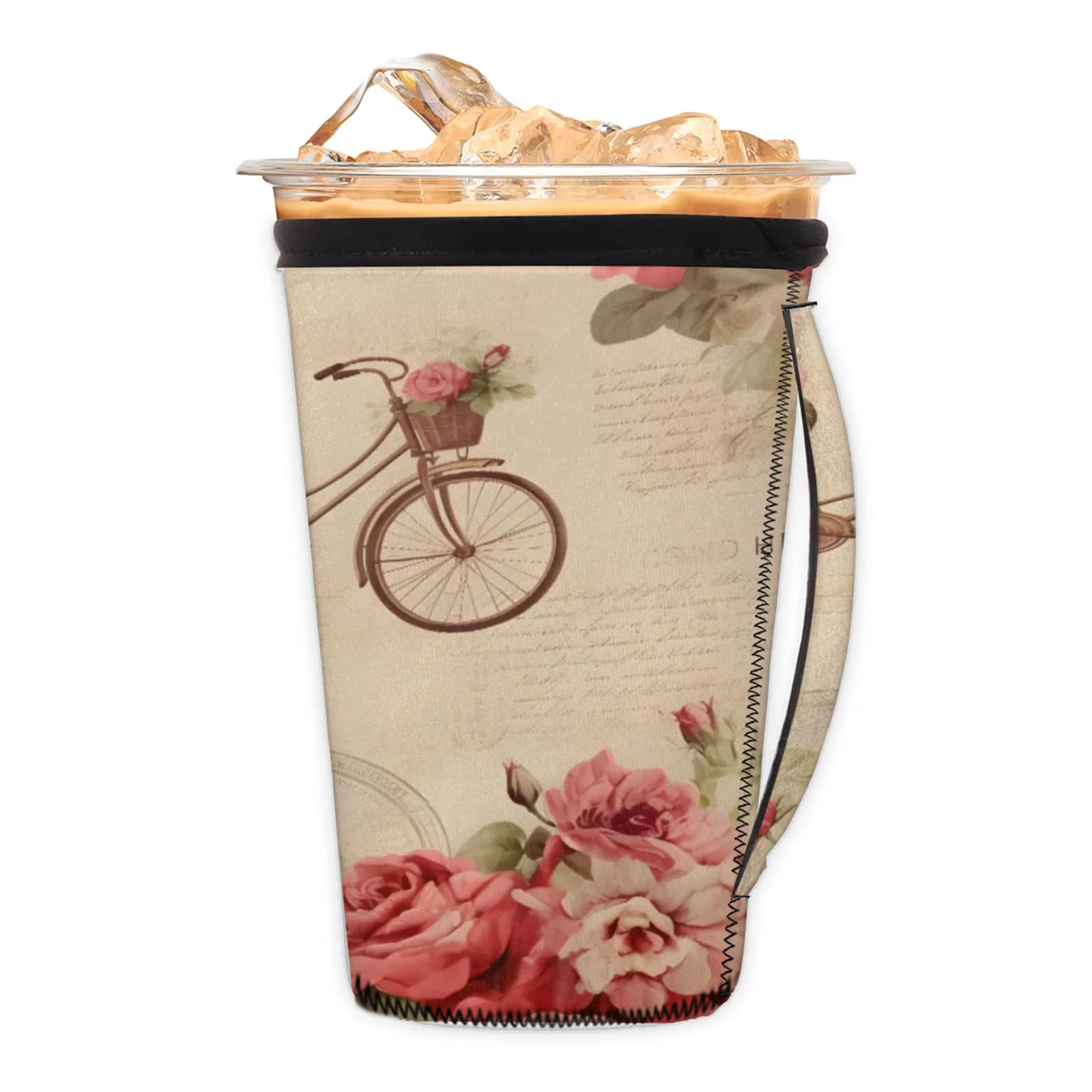 Bike Rose Poster Reusable Neoprene Coffee Sleeve with Handle Insulated Iced Coffee Cup Holder Reduces Condensation Fits 24-28 oz Cups M