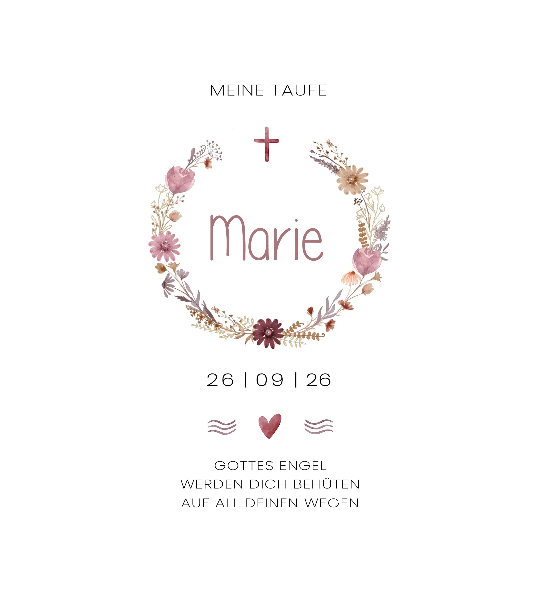 Personalisierte Taufkerze mit Name & Datum | Rustikkerze 7x20 cm | Geschenk zur Taufe Mädchen Junge | Individuelle Kerze mit Spruch | Kranz Motiv (Brombeer)