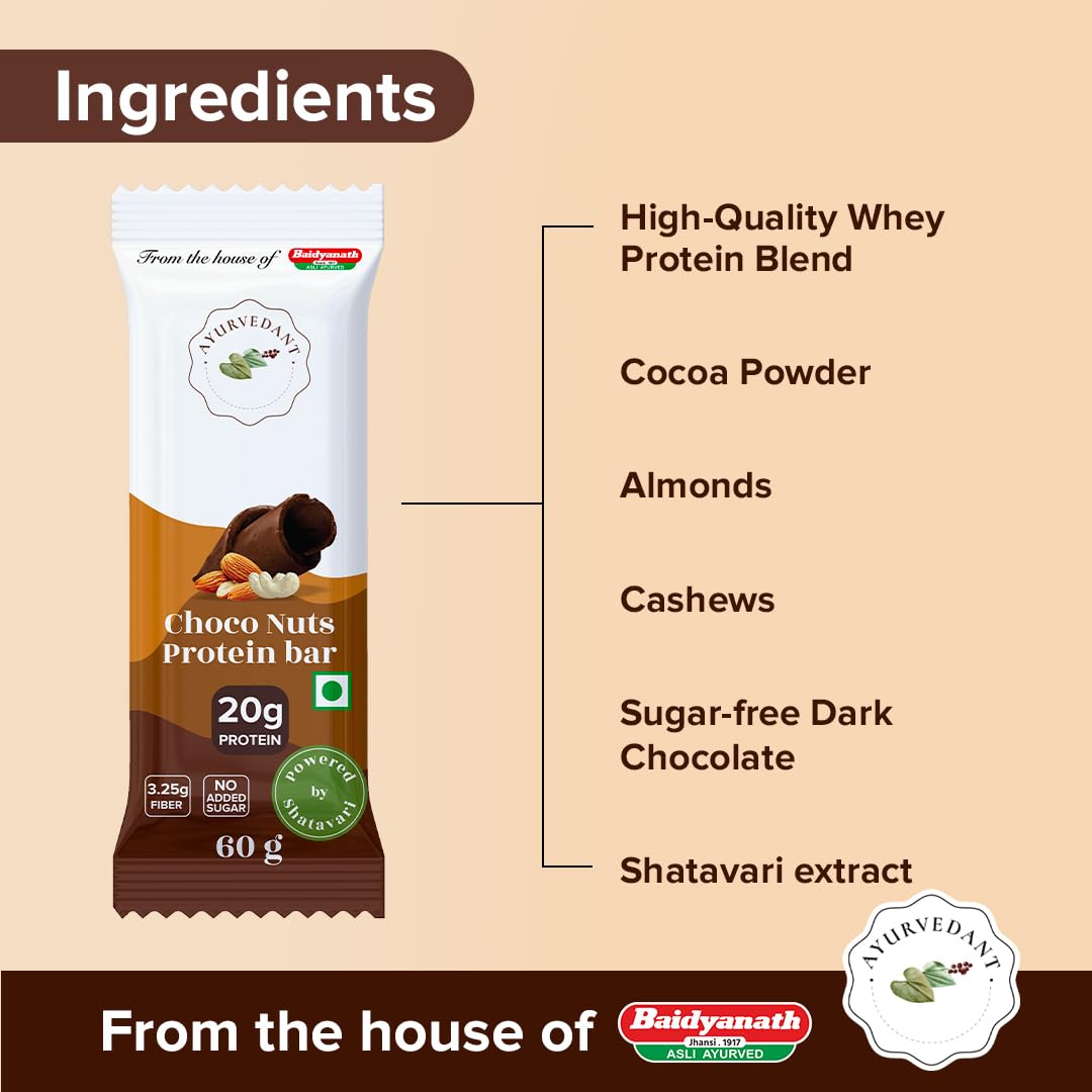 Ayurvedant Choco Nuts Protein Bar, 20g Protein, No Added Sugar, 60g x 6 Pack|From The House Of Baidyanath