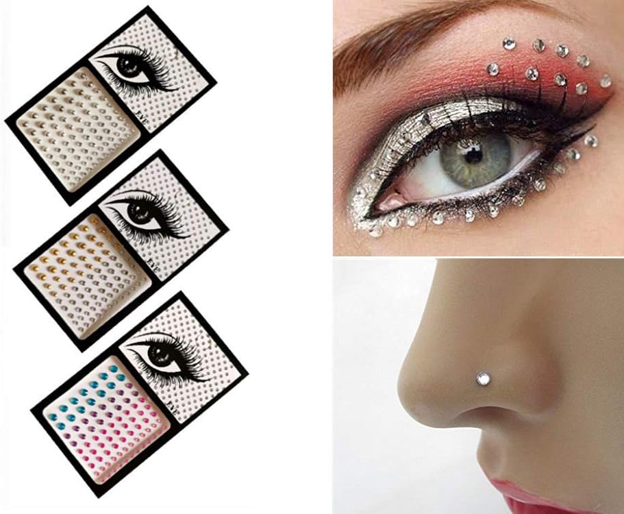 Syhonic 3 Pcs Self Adhesive Crystals Stickers,Fake Nose Stud and 3D Eyes Body Jewelry DIY Nail Stickers for Women Temporary Tattoo Stickers