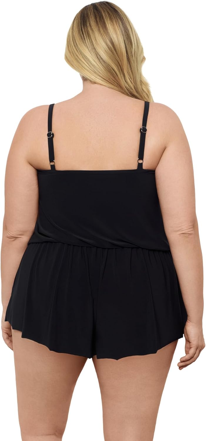 Aqua Green Womens V-Neck Blouson Slimming Swim Romper with Pocket - Image 4