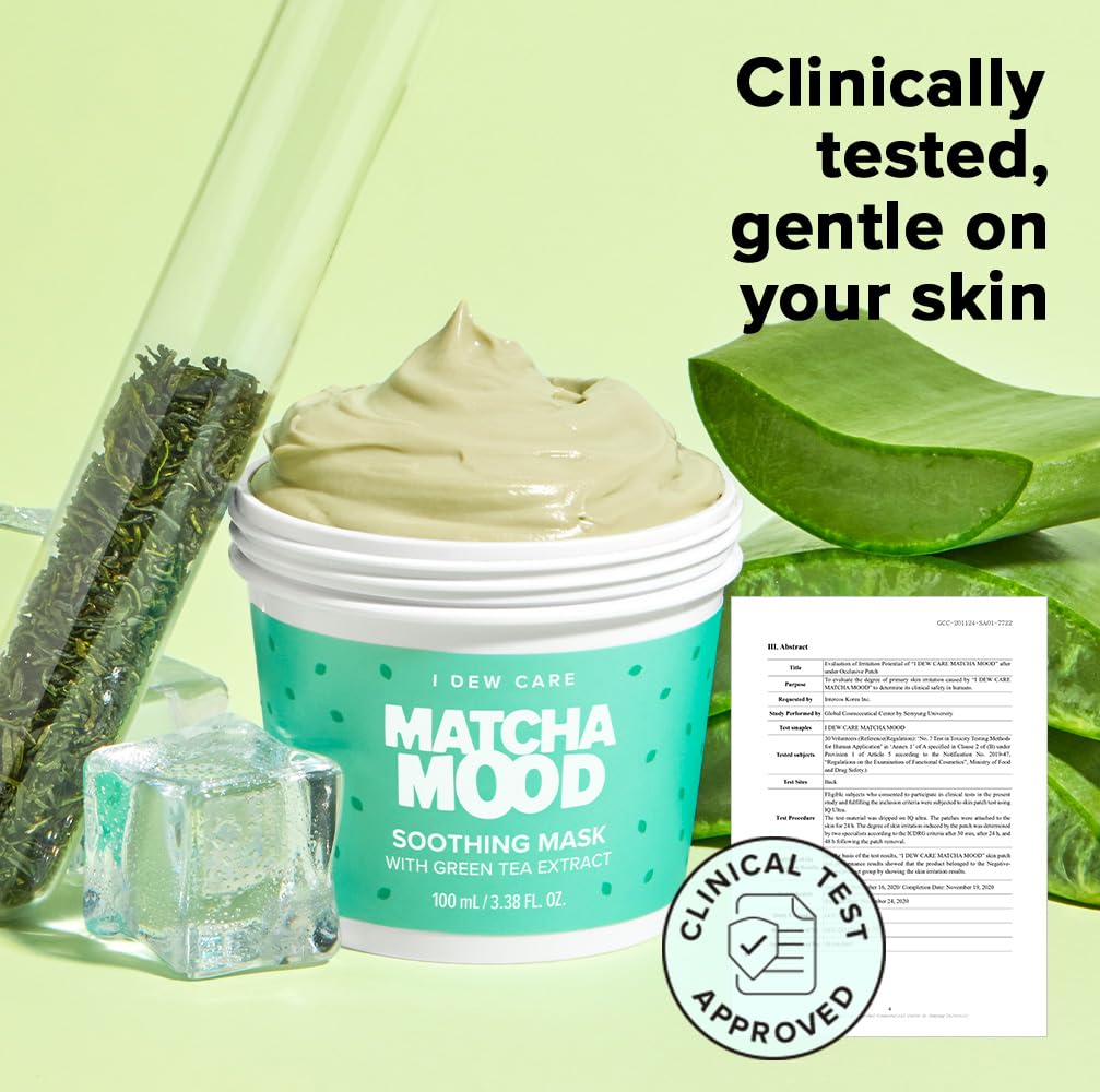 I DEW CARE Wash-Off Mask - Matcha Mood | Korean Facial Soothing Green Tea Skincare for Dry and Sensitized Skin, Korean Face Mask Skin Care for Face, 3.38 Oz