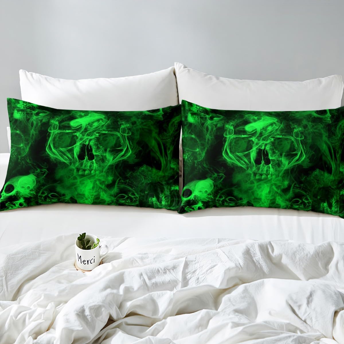 Erosebridal Halloween Skull Bed Sheets Queen Gothic Skeleton Sheet Set for Kids Boys Teens Adults Men,Trippy Hippie Smoke Bedding Sheets Goth Skull Fitted Sheet Black Green Flat Sheet 2 Pillow Cases