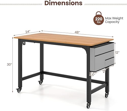 Miniatura 3 de COSTWAY Escritorio móvil para computadora de 48 pulgadas, escritorio de oficina en casa con ruedas, mesa de escritura de estudio simple con 4 ruedas