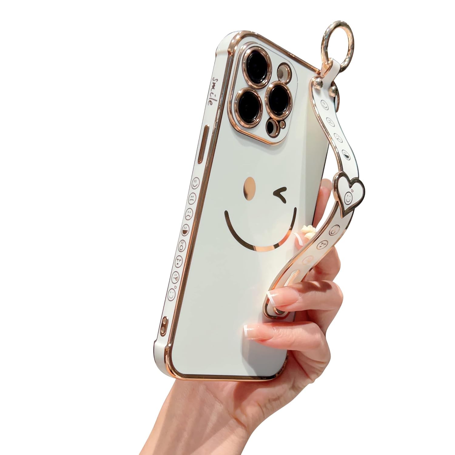 Hosgor iPhone 14 Pro Max Case with Strap, Cute Sparkly Bling Smile Face Design Soft TPU Plating Bumper Cover with Wrist Strap Kickstand Full-Body Protective Case for iPhone 14 Pro Max 6.7inch -(White)