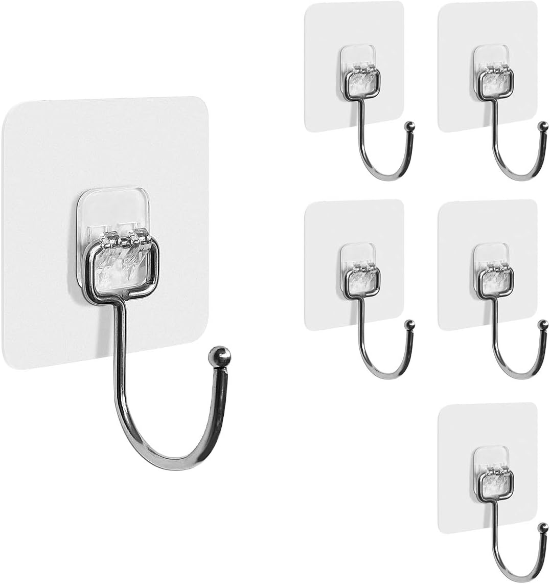 Hushtong Adhesive Hooks Heavy Duty Wall Hooks 20kg (Max) Self Adhesive Hooks,Strong Clear Stick