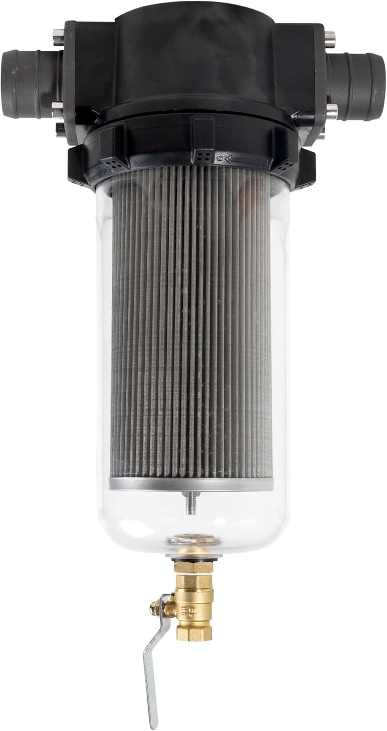 CANPUMP 2-in High Flow Stainless Steel Water Inlet Filter – 52.8 GPM, 87 PSI, Aluminum Alloy Head, Clear Housing, Built-in Brass Drain Valve, for Industrial Pumps and Irrigation Systems