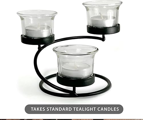 Miniatura 8 de Lilys Home Moderno candelabro Deco - Soporte para velas de té centro de mesa acero negro Incluye portavelas de cristal transparente