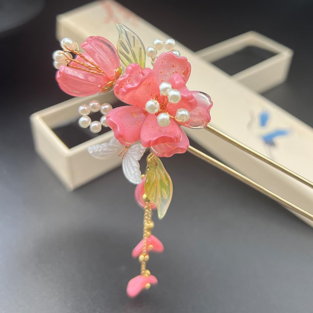 Rainbow Pink Chrysanthemum Pearl Tassels Chinese Hanfu Metal Handmade Hair Clip Hair Accessories for Women Girls Long Hair (Rainbow Flower)