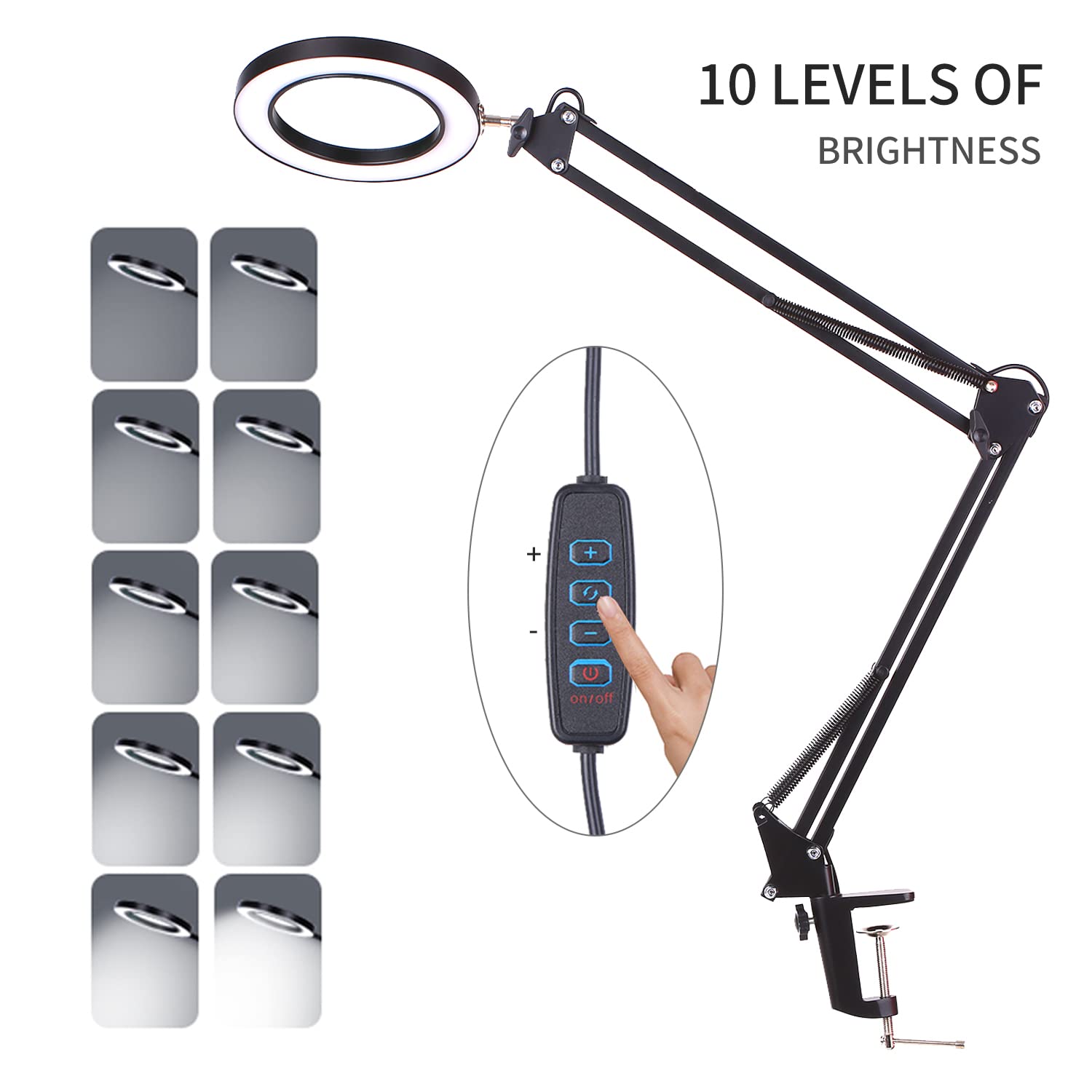 LED Lupenleuchte it Klemme, Hancaner Arbeitsplatzlampe, Dimmbar USB Aufladen 5 Dioptrien Lupe mit Licht, Schwenkarm,3 Farbmodi, 105-mm Glaslinse für Arbeit, Lesen, Hobbys und Nähen